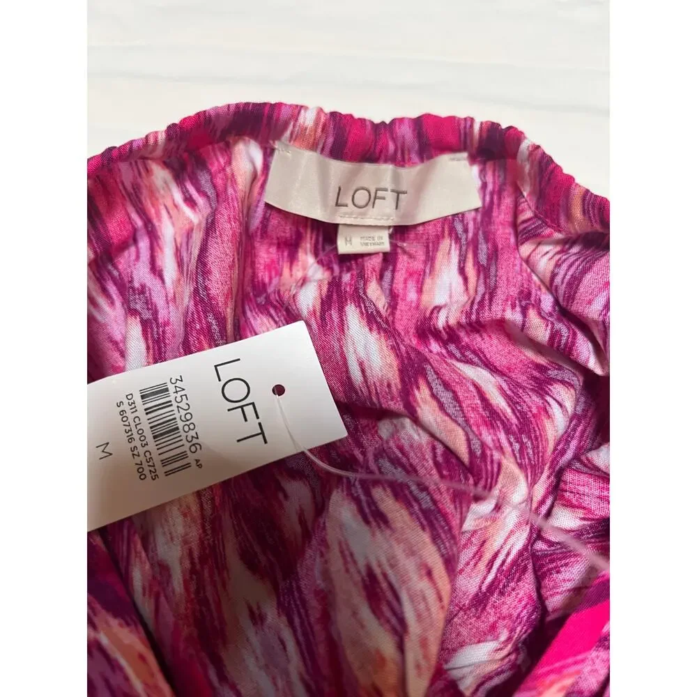 LOFT Womens Medium Pink Print Puff Sleeve Square Neck Tie Back Blouse NWT